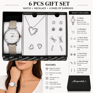 Aeropostale Watch Jewelry Set Necklace Earrings Silver Tone Heart
